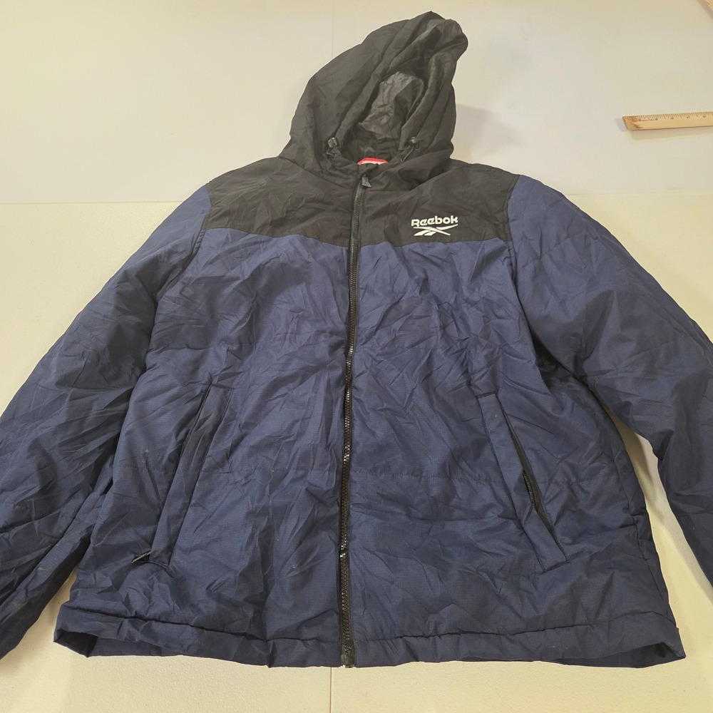 Reebok Mens Hooded Puffer Jacket Navy Blue Black Colorblock Size Large Full Zip